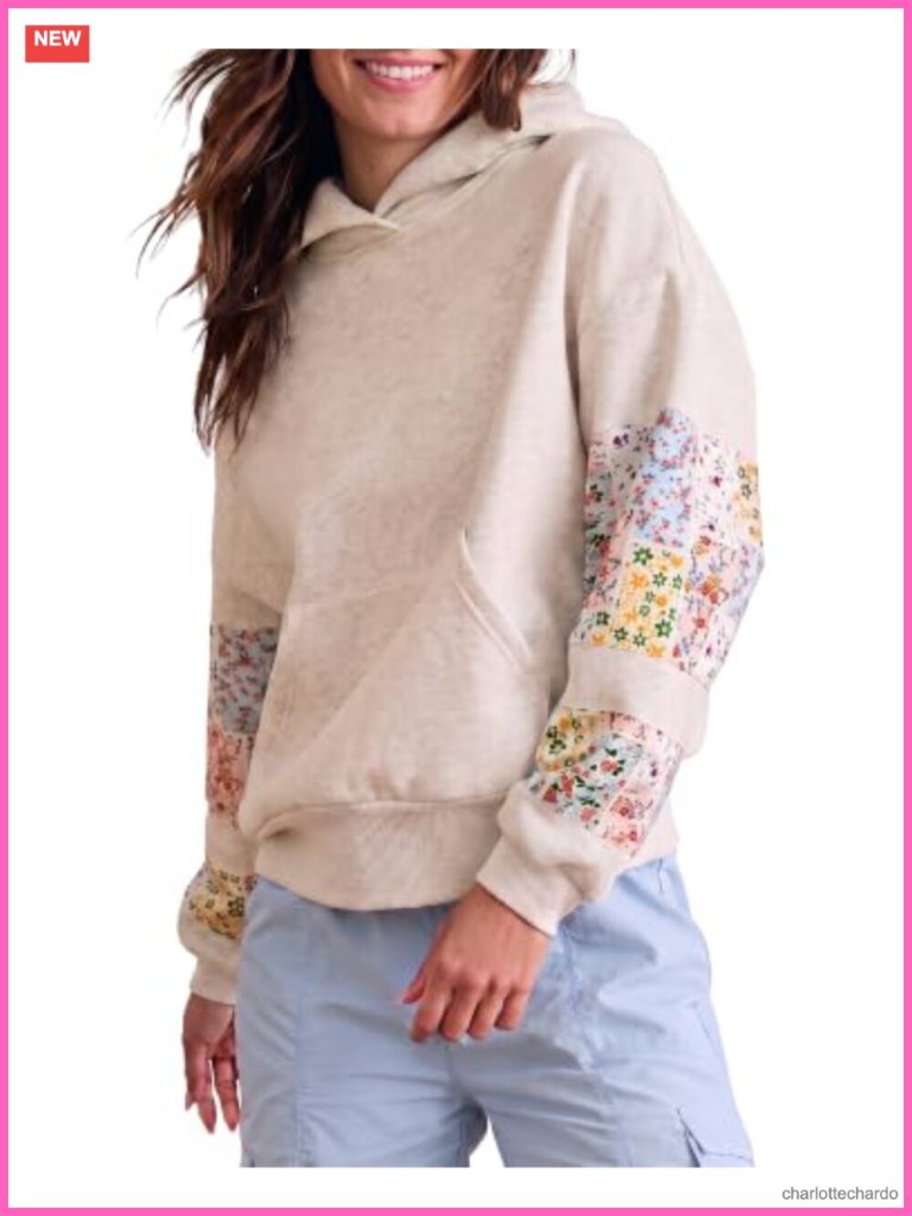 Women Floral Embroidered Hoodie Oversized Cotton Blend Pullover